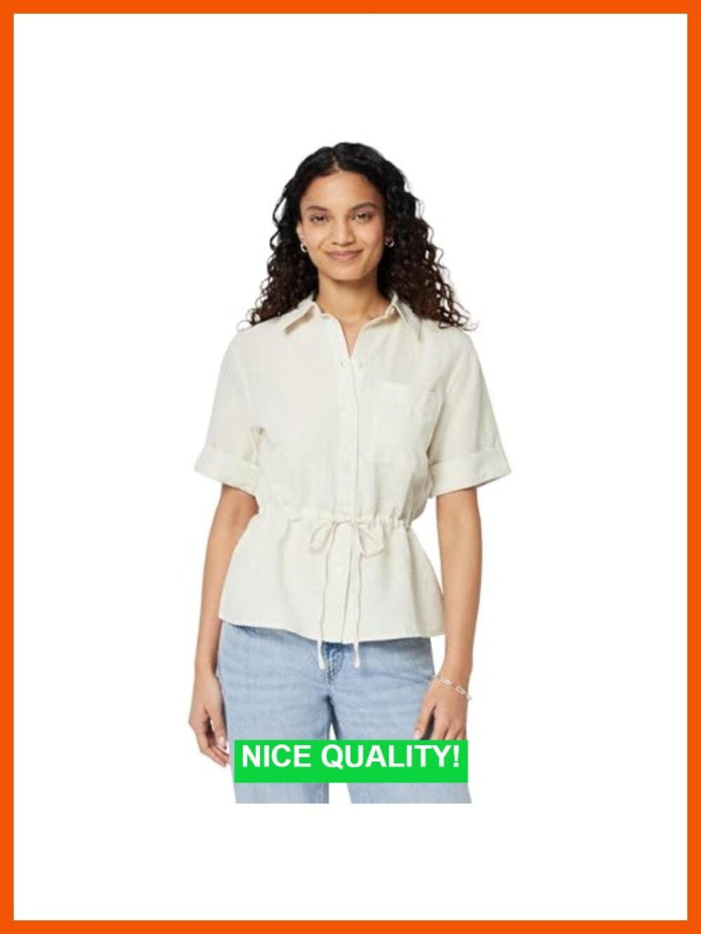 Women's Relaxed-Fit Linen Blend Wide Sleeve Blouse with Tie Waist